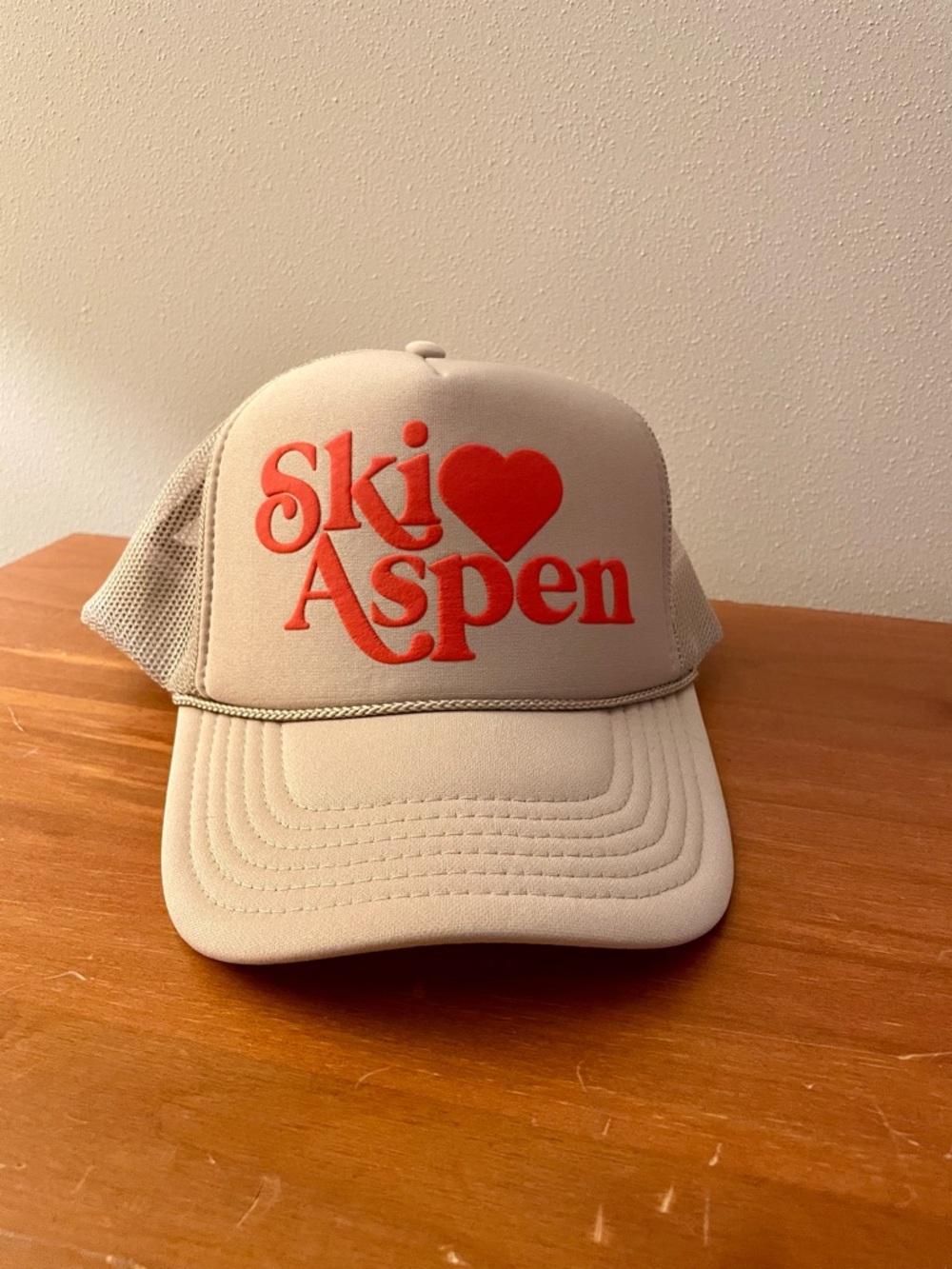 Anthropologie Beige Trucker Hat with Red "Ski Aspen" Graphic